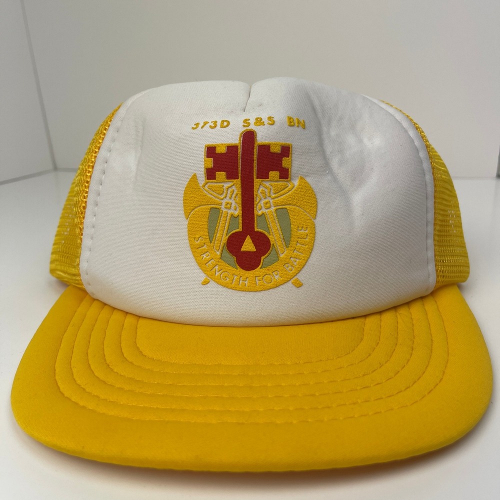 Vintage US Army 373rd Supply & Services BN Trucker Hat Snapback Yellow Crest